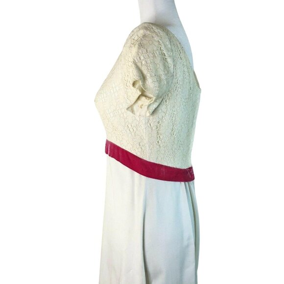 Vintage White Lace Maxi Dress Pink Velvet Waist Cap Sleeves Elegant Formal Wear - Picture 4 of 12